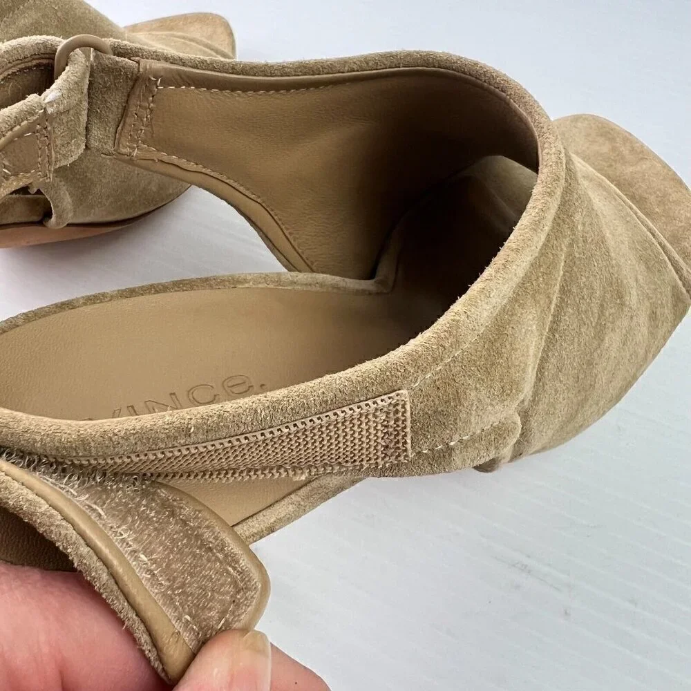 Vince Women Quest Slingback Beige Kitten Heel Leather Suede Sandals Sz 9.5M NEW